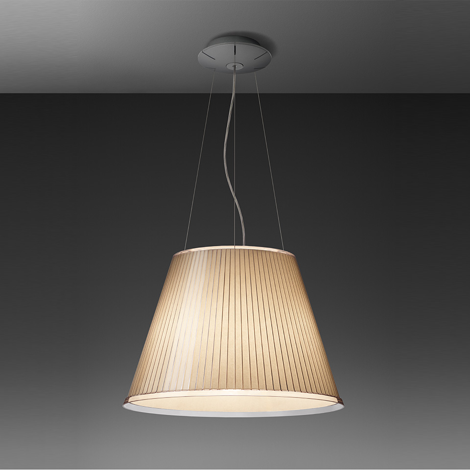 Artemide Choose Mega pendant lamp with large conical pleated fabric shade in warm beige, suspended by thin cables from ceiling canopy