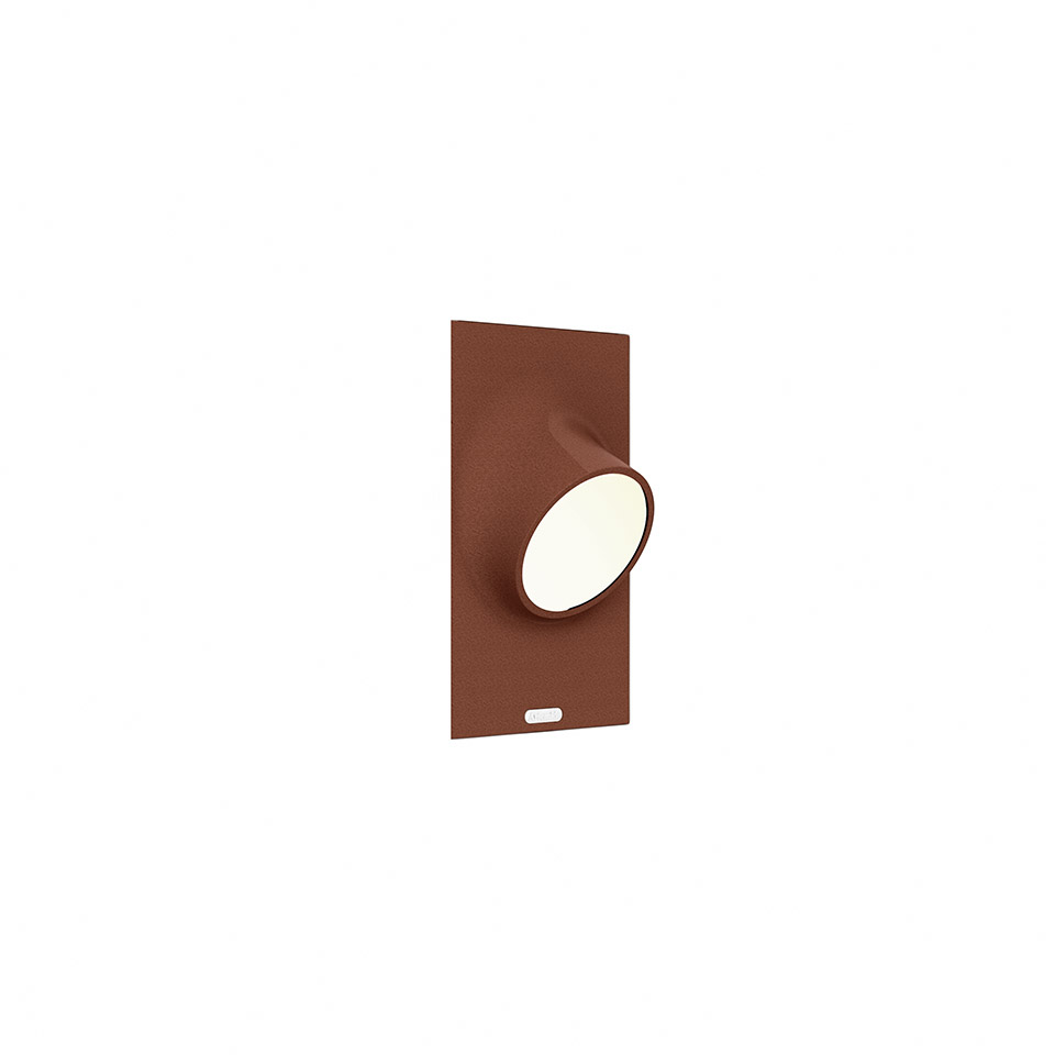 Artemide Ciclope wall lamp: rust-red rectangular backplate with adjustable circular LED head and integrated touch dimmer switch