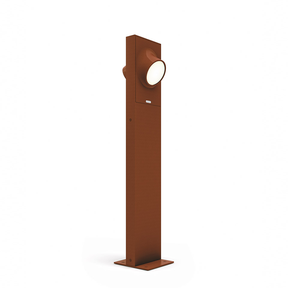 Artemide Ciclope outdoor bollard light in rust-brown finish, tall rectangular post with single adjustable LED spotlight on a square base