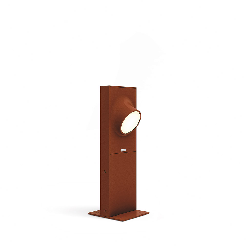 Artemide Ciclope outdoor bollard light in corten finish, rectangular post with adjustable spotlight head on square base