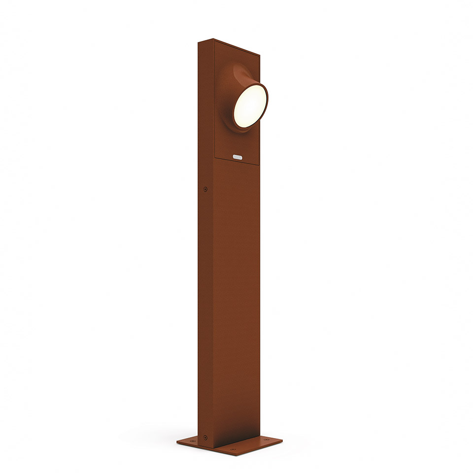 Artemide Ciclope outdoor bollard light: tall rectangular rust-brown post with circular LED head on square base