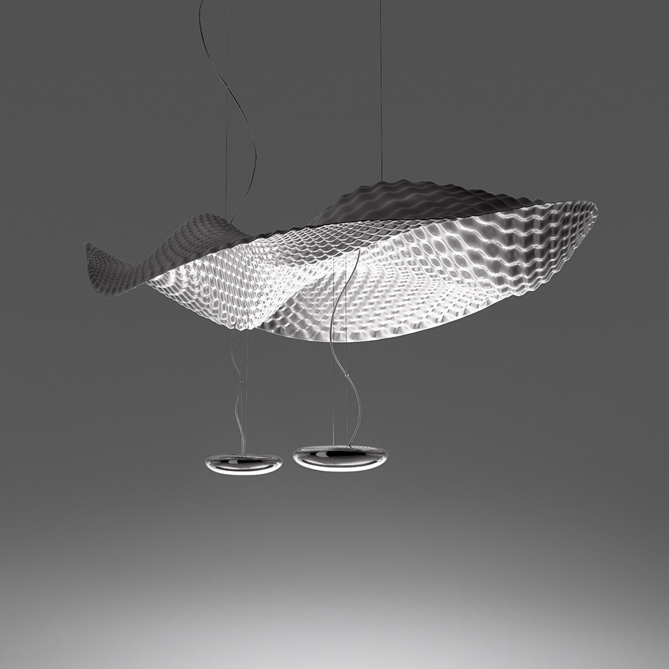 Artemide Cosmic Angel pendant lamp: large sculptural wave-shaped reflector in silver with textured surface, two circular LED bases