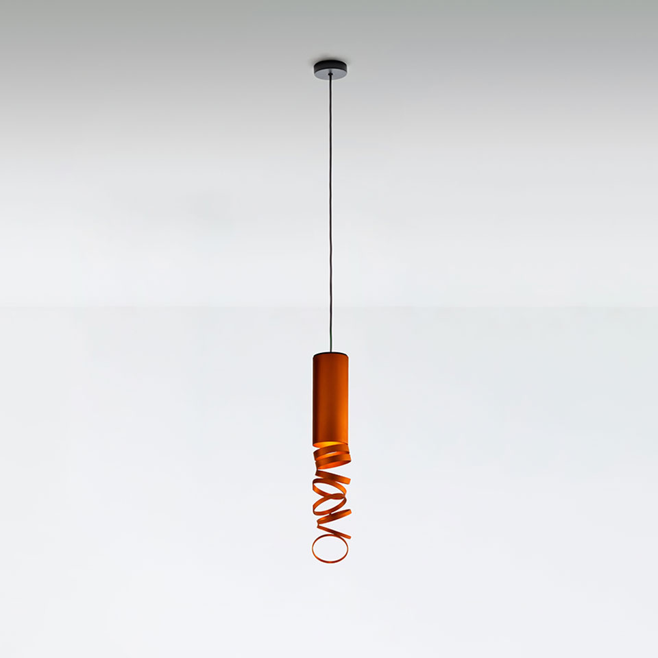 Artemide Decomposé Light pendant lamp: orange cylindrical body with a spiraling ribbon element hanging on a black cord - 2