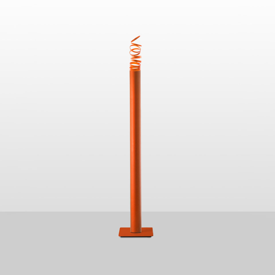 Decomposé Light Terra floor lamp by Artemide: tall orange cylindrical stem on square base, with decorative spiral ribbon at top