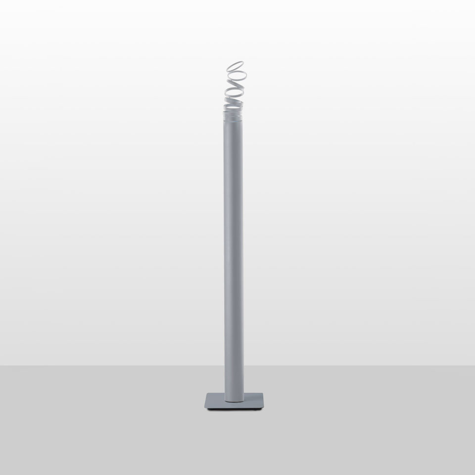 Artemide Decomposé Light Terra floor lamp: tall slim grey cylindrical stem on square base, with white spiral LED light at top