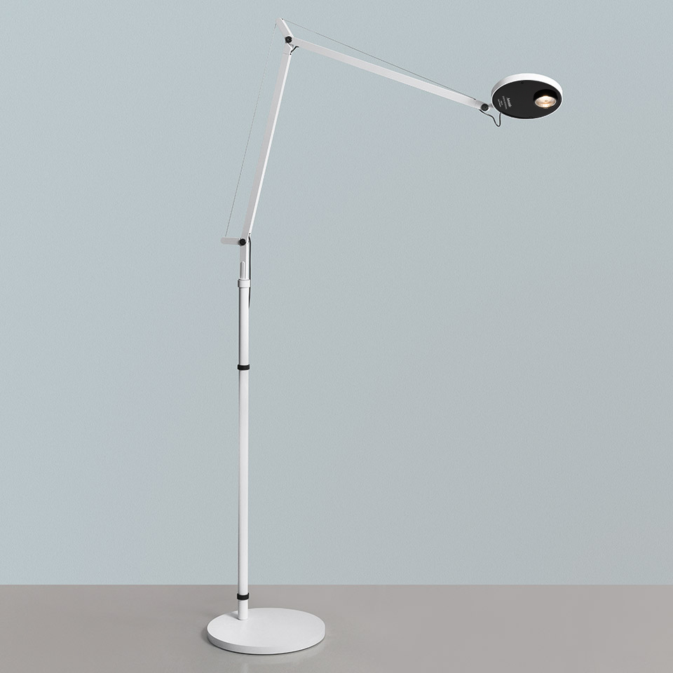 Artemide Demetra Professional Reading Floor lamp: white adjustable articulated arm, telescopic pole, round base, oval black LED head