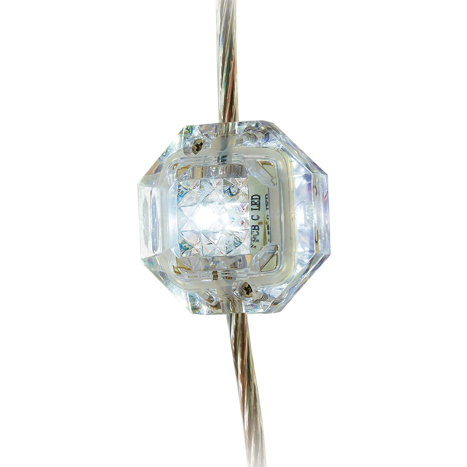 Diamante LED node: octagonal crystal-clear acrylic housing with bright white LED, threaded on a transparent cable
