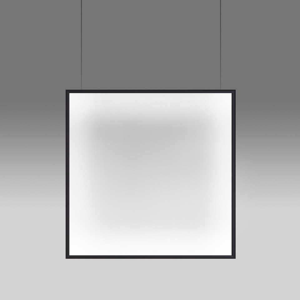 Artemide Discovery Space square pendant lamp with thin black frame and large diffused white opal panel, suspended by two cables