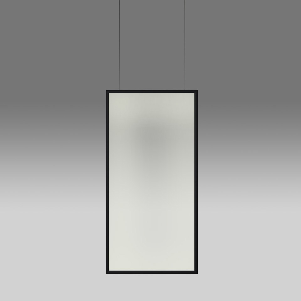 Artemide Discovery Space pendant lamp: rectangular black frame with diffused opal panel, suspended by two thin cables