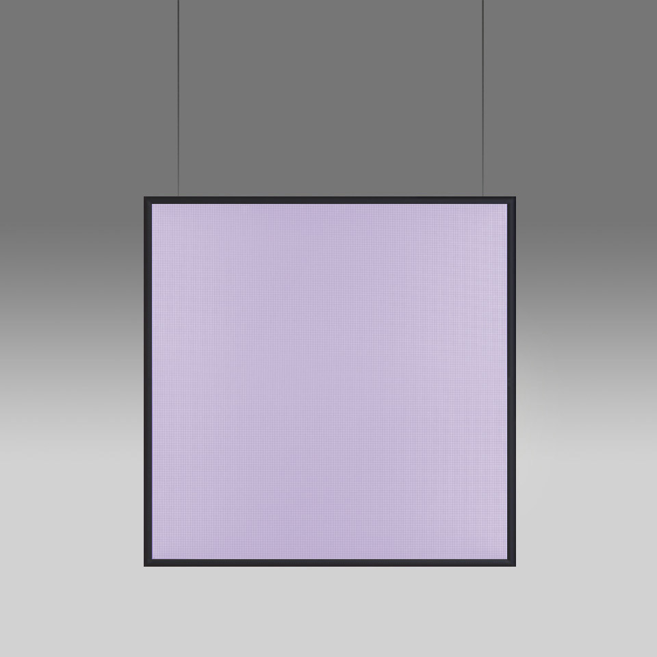 Artemide Discovery Space square pendant lamp with black frame, emitting soft lavender-purple light, suspended by thin cables