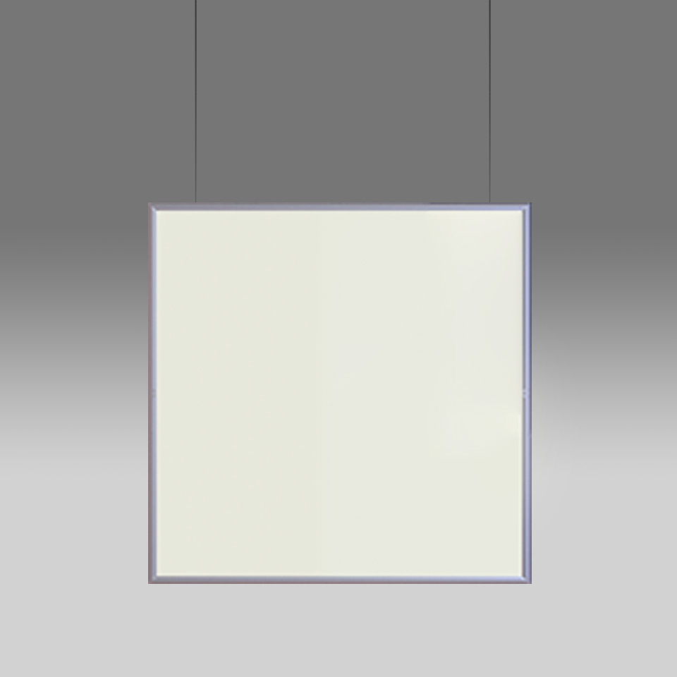 Artemide Discovery Space pendant lamp: large square luminous panel with slim silver frame, suspended by two cables, emitting warm white light