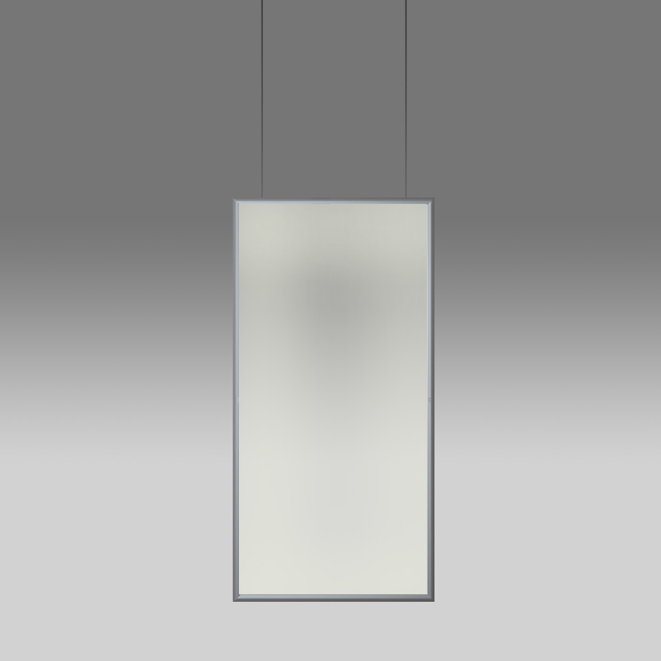 Artemide Discovery Space pendant lamp: large rectangular frosted diffuser in slim aluminum frame, suspended by two thin cables