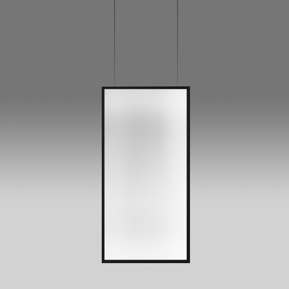 Artemide Discovery Space pendant lamp: rectangular LED panel with black frame suspended by two cables, emitting soft diffused light