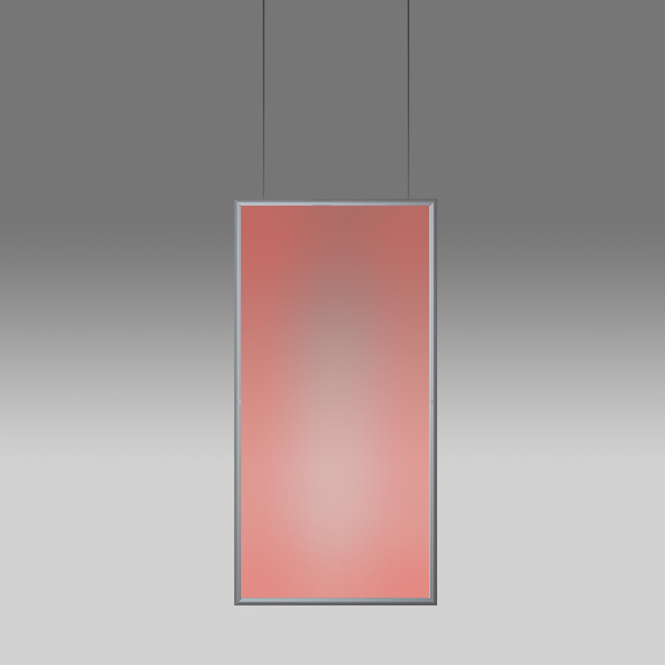 Artemide Discovery Space pendant lamp: large rectangular luminous panel emitting warm pink-red light, suspended by two thin cables