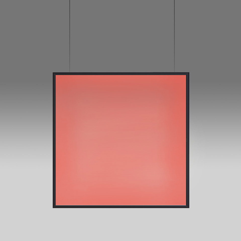 Artemide Discovery Space square pendant lamp with black frame emitting warm coral-red light, suspended by two thin cables