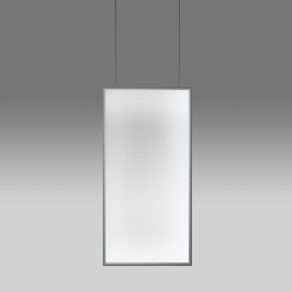 Artemide Discovery Space pendant lamp: large rectangular LED panel with white diffuser and slim aluminum frame, suspended by two cables