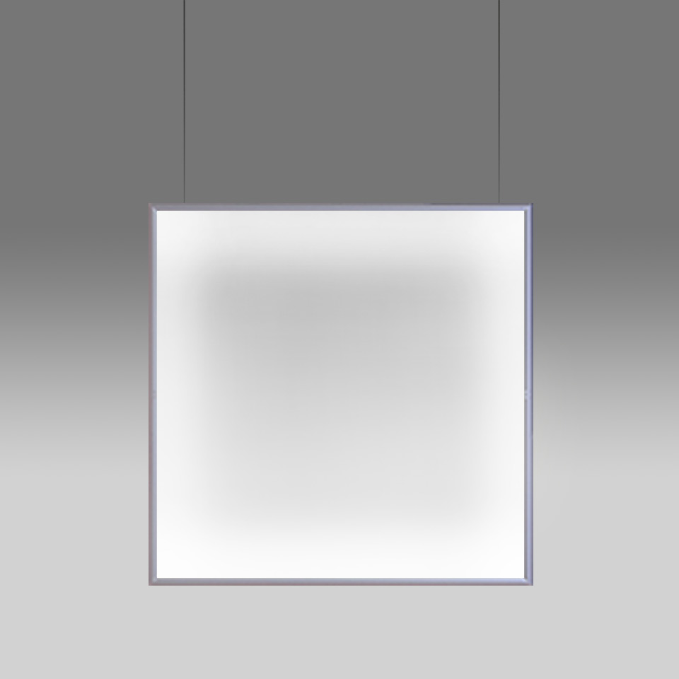 Artemide Discovery Space pendant lamp: large square diffuser with slim aluminum frame, emitting uniform soft white light, suspended by two cables