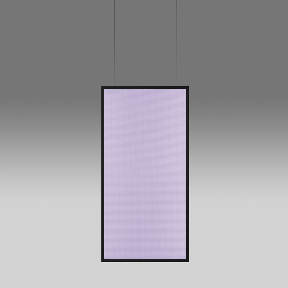 Artemide Discovery Space pendant lamp: large rectangular LED panel emitting soft violet light, suspended by black cables with slim black frame
