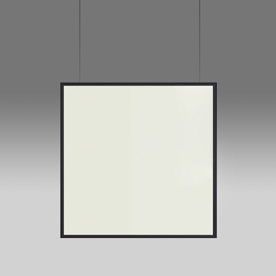 Artemide Discovery Space square pendant lamp with thin black frame and large luminous white diffuser panel, suspended by two cables