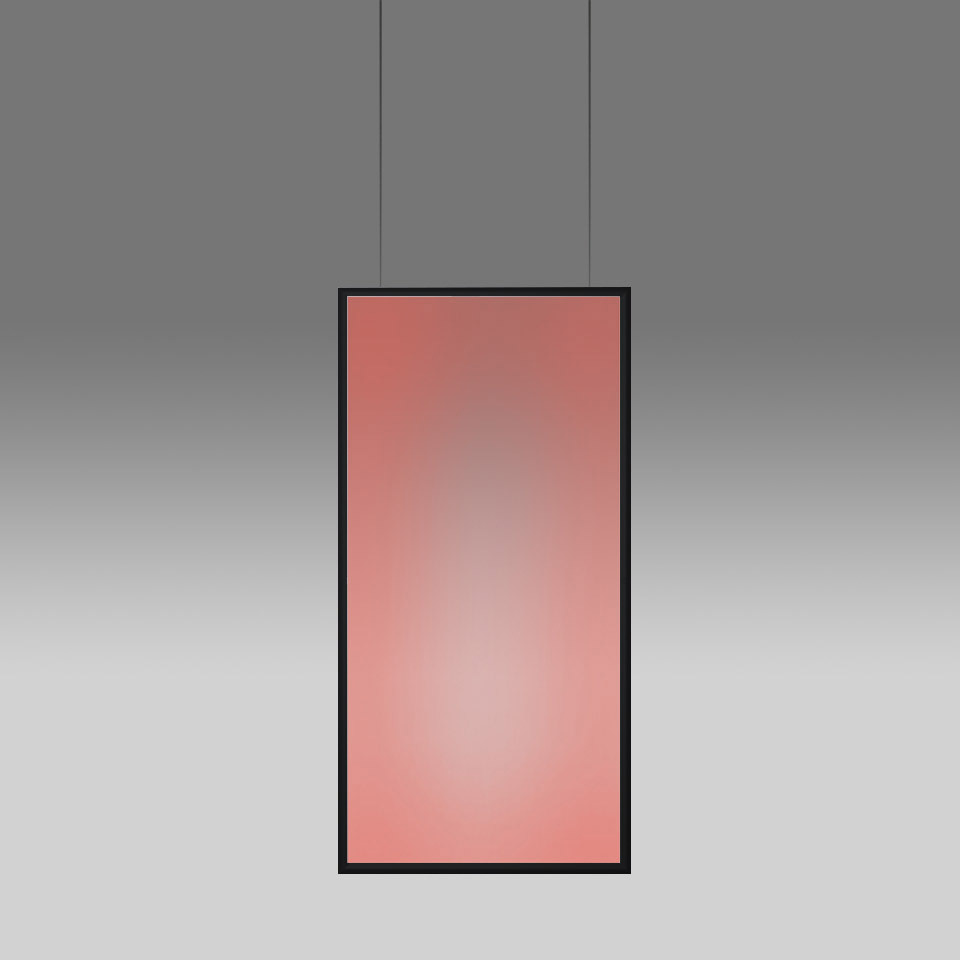 Artemide Discovery Space pendant lamp with rectangular black frame emitting warm pink-red diffused light, suspended by two cables