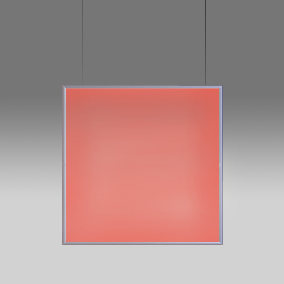 Artemide Discovery Space square pendant lamp emitting warm red-pink light, suspended by two cables with slim aluminum frame