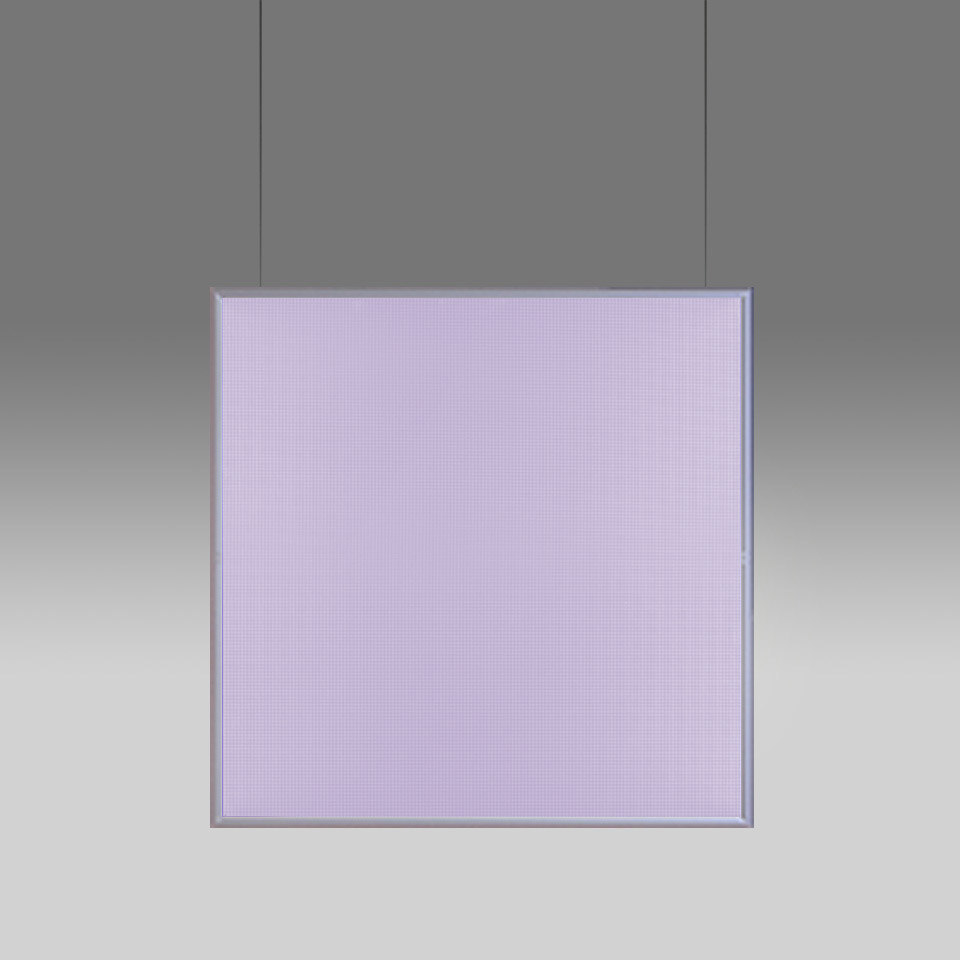 Artemide Discovery Space pendant lamp: large square flat panel emitting soft violet-purple light, suspended by two thin cables