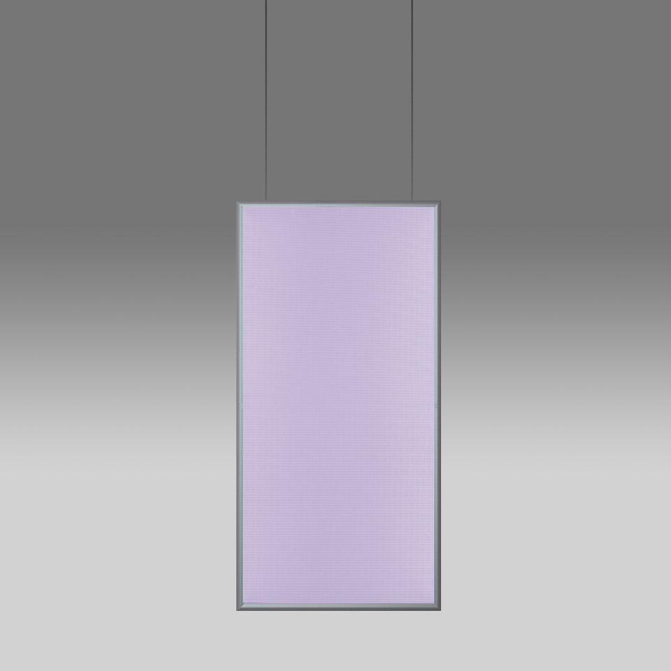 Artemide Discovery Space pendant lamp: large rectangular LED panel emitting soft violet light, suspended by two cables with slim aluminum frame