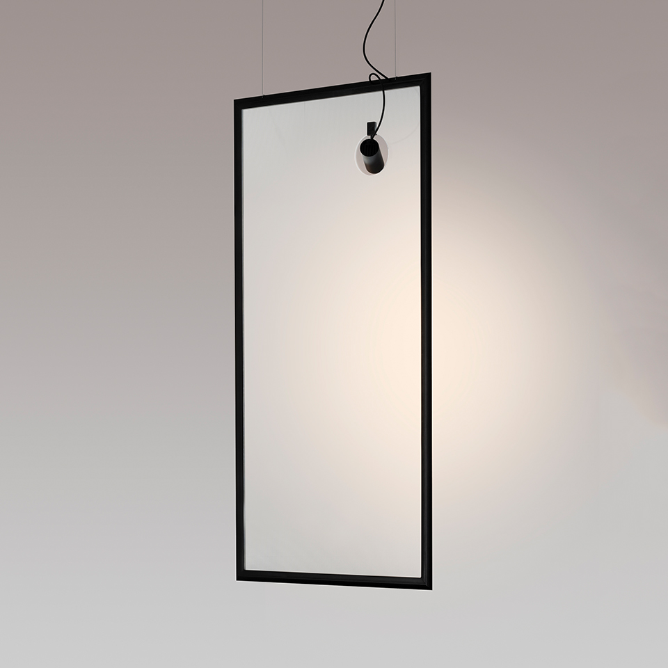 Artemide Discovery Spot pendant lamp: large rectangular black frame with glowing diffuser panel and small oval spot light at top