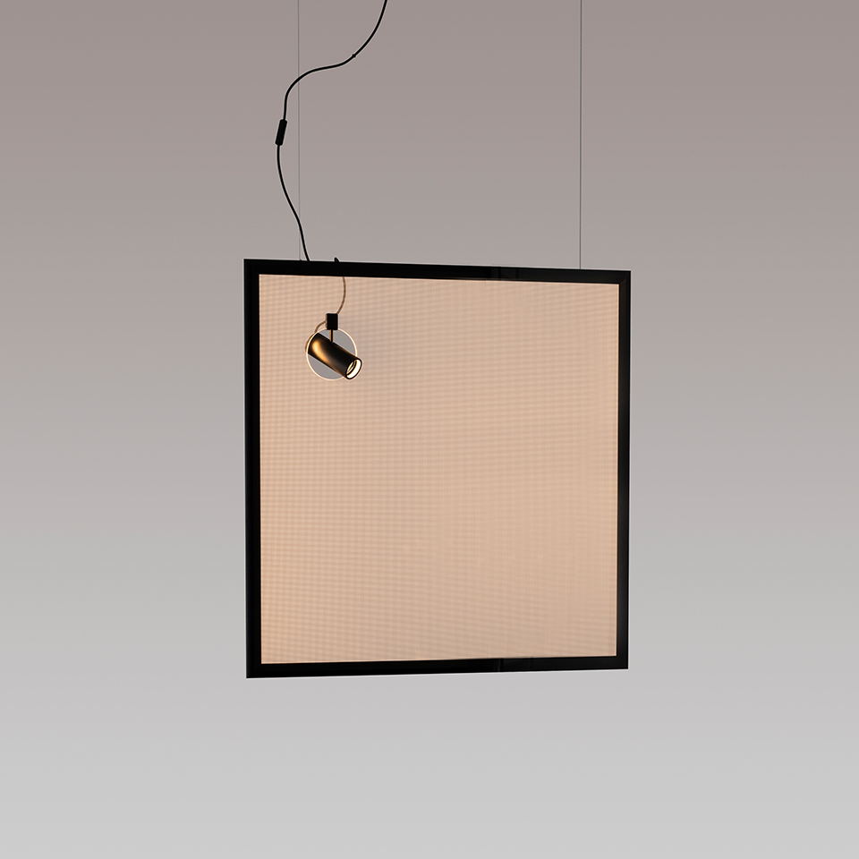Artemide Discovery pendant: large square luminous panel with black frame, paired with a small Discovery Spot adjustable spotlight, suspended by black cables