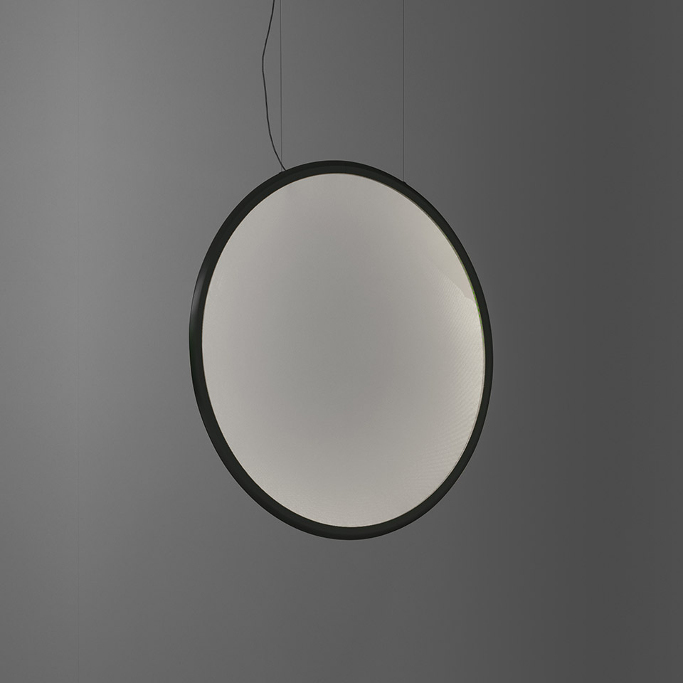 Artemide Discovery pendant lamp: large circular diffuser with opal white glass and slim black frame, suspended by a thin cable - 2