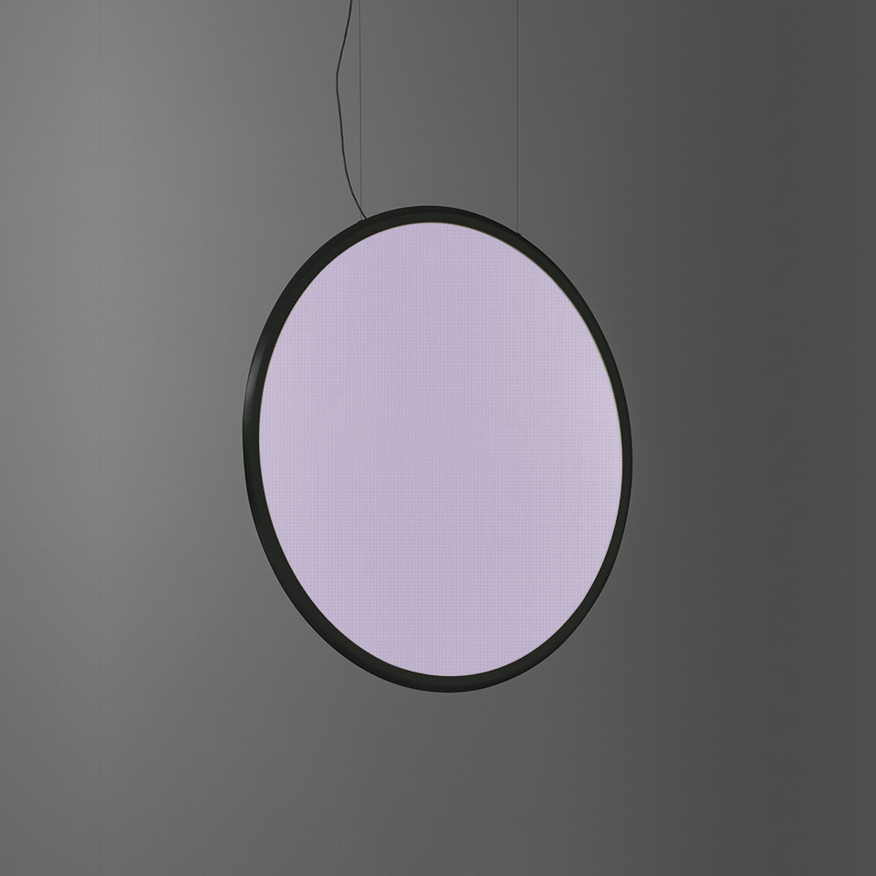 Artemide Discovery Vertical pendant lamp: large circular disc with black frame emitting soft lavender light, suspended by a thin cable