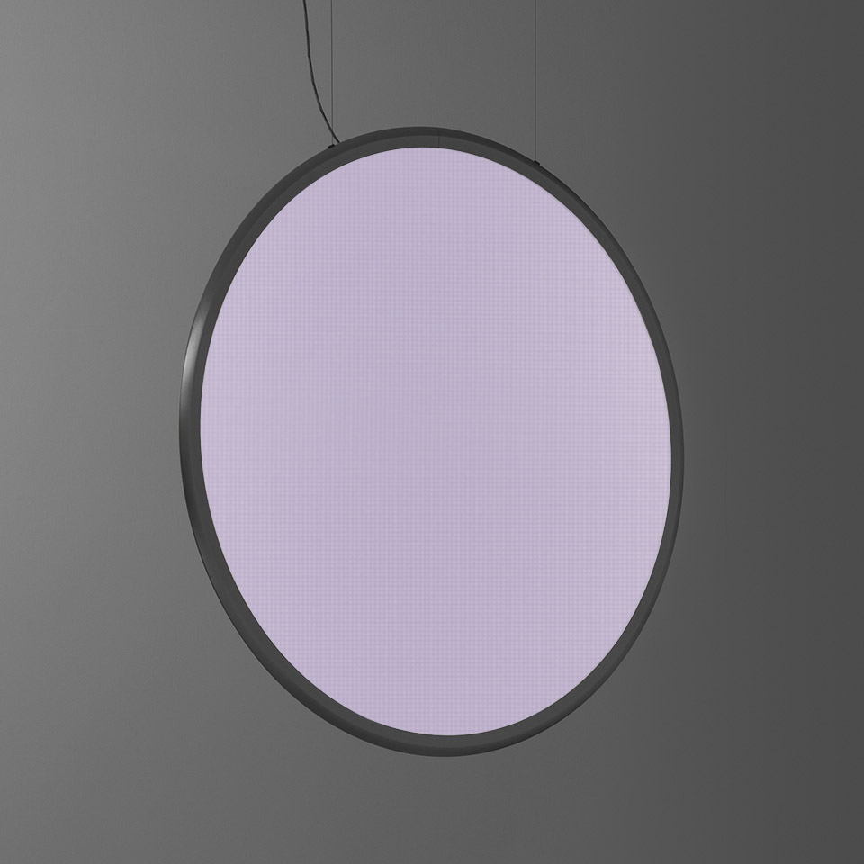 Artemide Discovery pendant lamp: large circular LED disc with soft lavender light, dark grey metal frame, suspended by thin cables