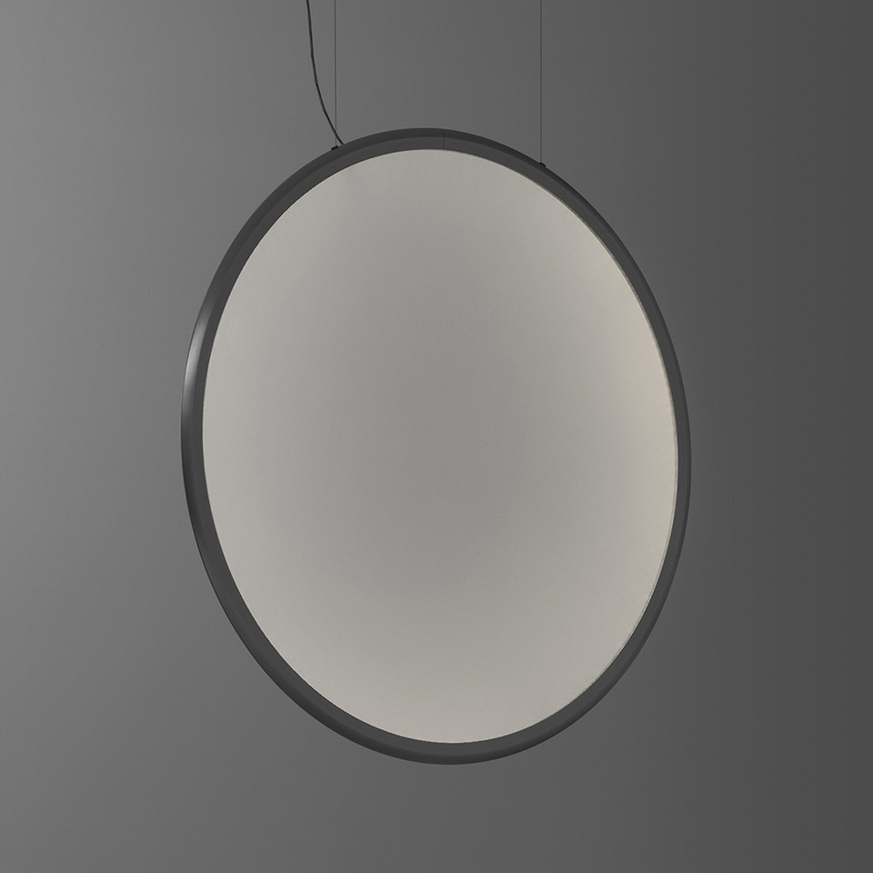 Artemide Discovery pendant lamp: large circular diffuser with frosted white glass and slim dark metal ring, suspended by thin cables - 2