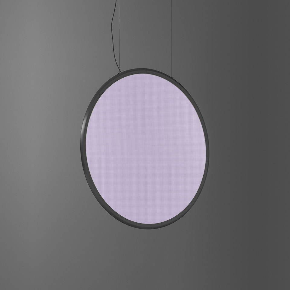 Artemide Discovery pendant lamp: large circular disc with dark frame emitting soft lavender light, suspended by a black cable