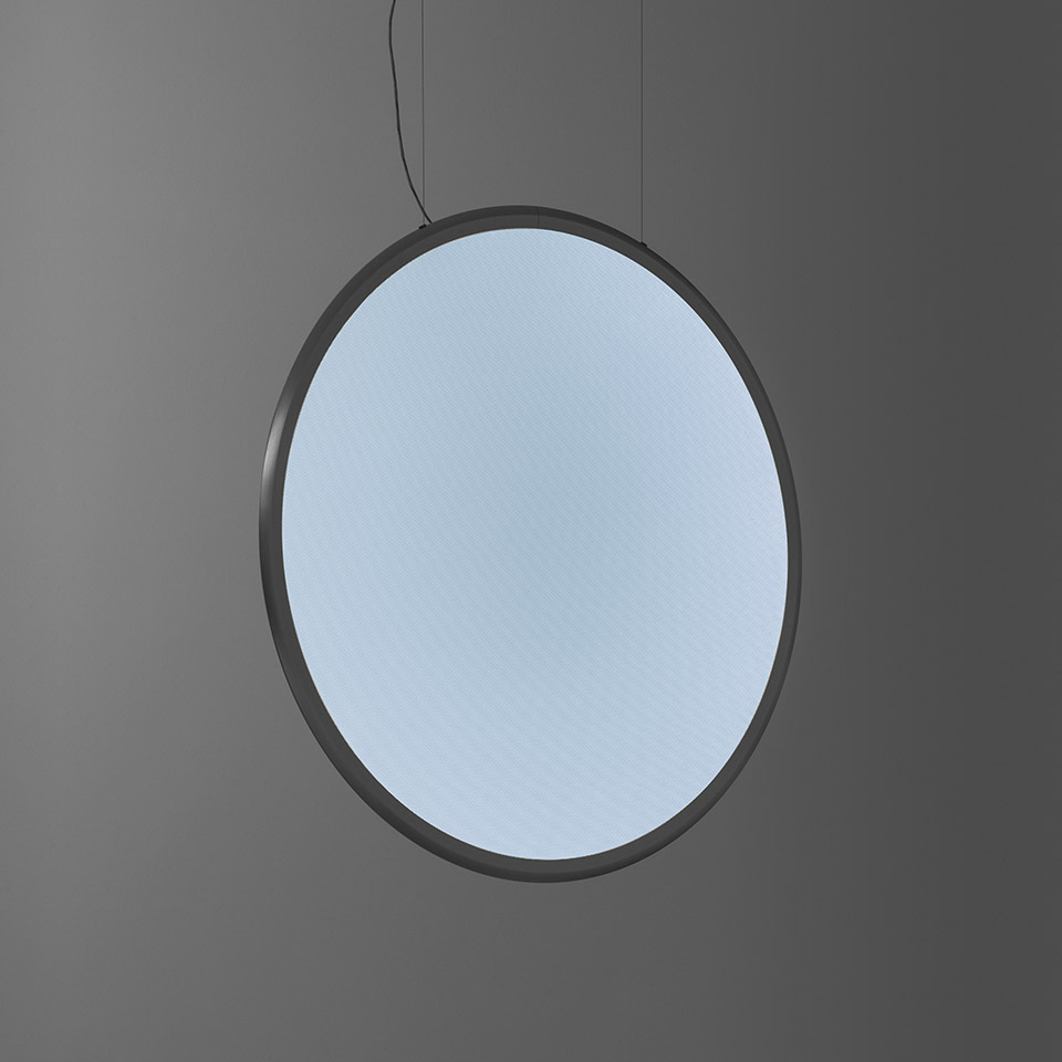 Artemide Discovery pendant lamp: large circular disc with dark frame emitting soft, uniform blue-white light, suspended by thin cable