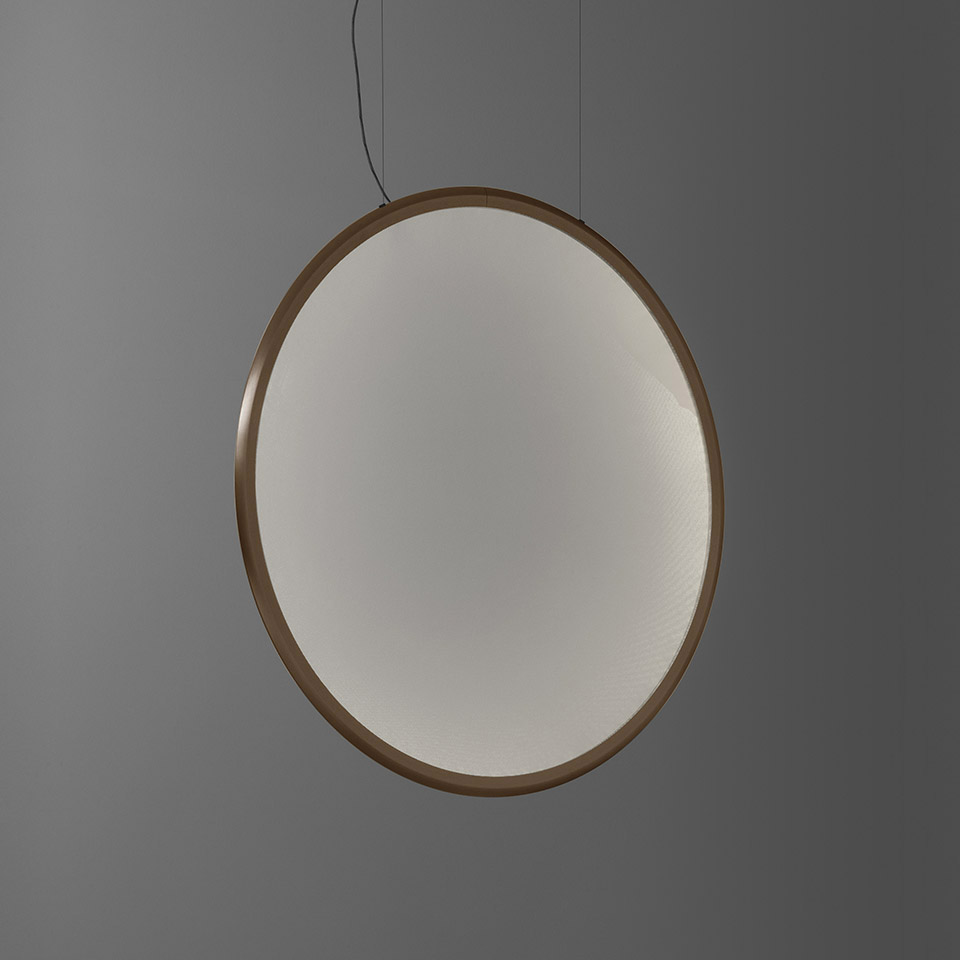Artemide Discovery pendant lamp: large circular diffuser with warm bronze frame, emitting soft uniform light, suspended by thin black cables - 2