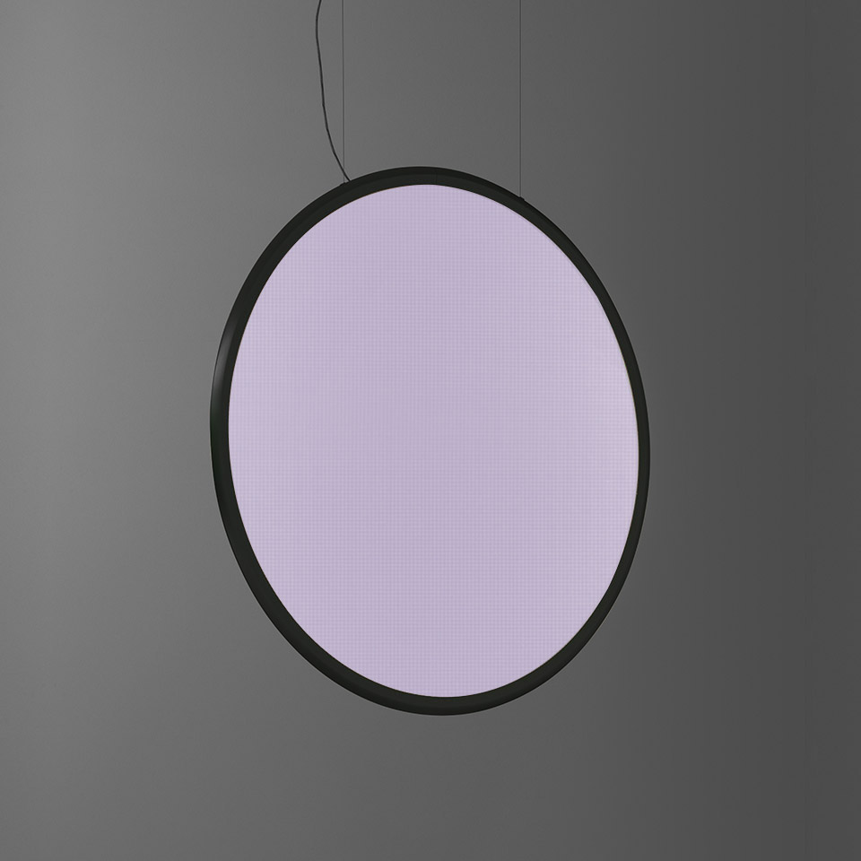 Artemide Discovery Vertical pendant lamp: large oval diffuser emitting soft purple light, suspended by black wire with dark circular frame