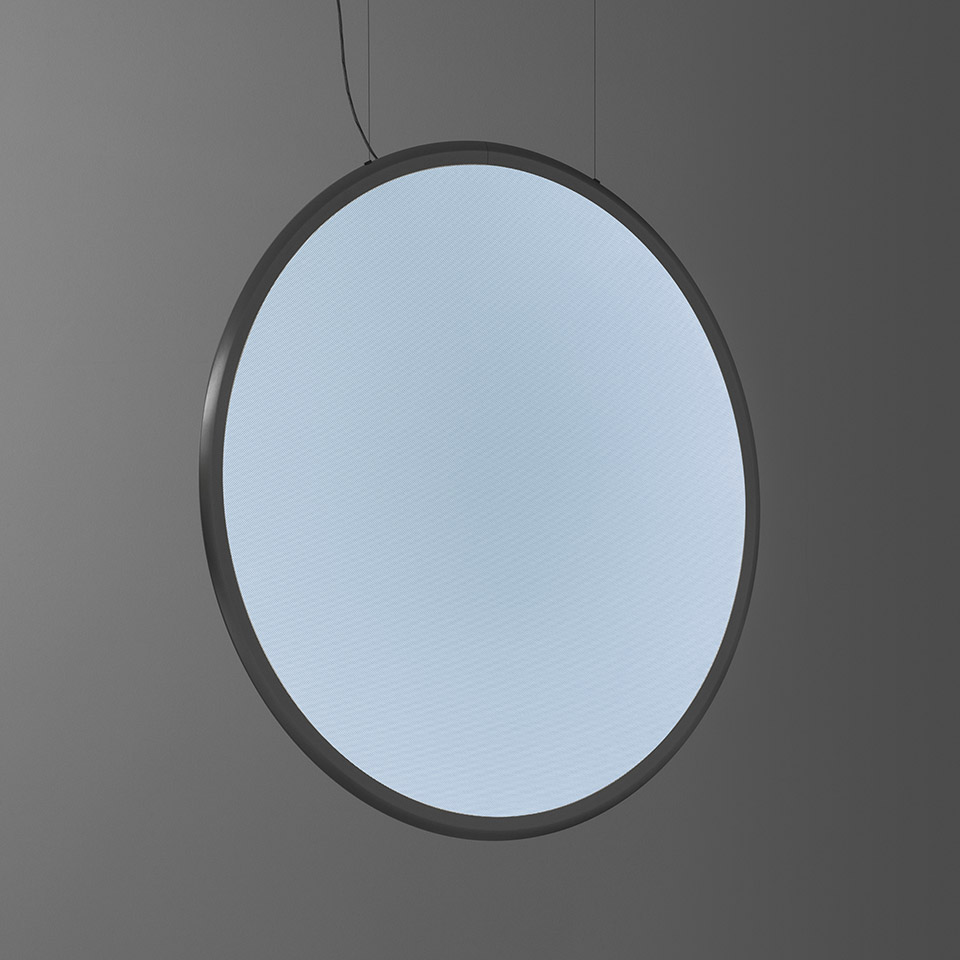 Artemide Discovery pendant lamp: large circular diffuser with soft blue-white light, dark metal frame, suspended by thin cables