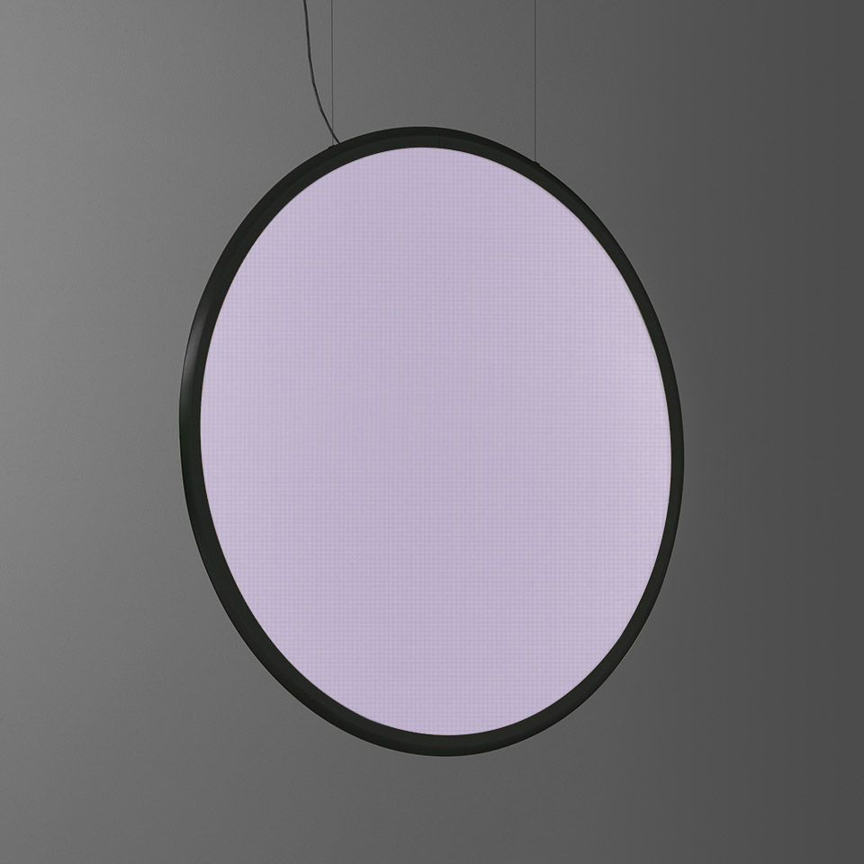 Artemide Discovery Vertical pendant lamp: large circular LED diffuser emitting soft violet light, suspended by black cables with dark frame