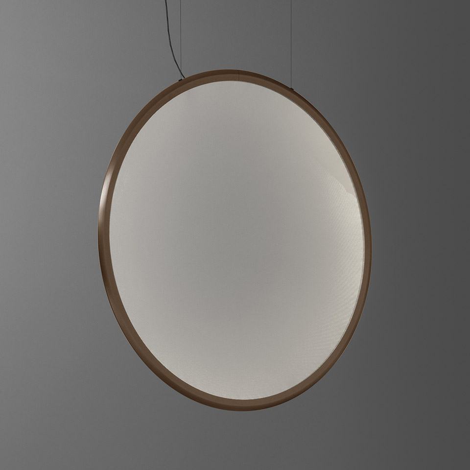 Artemide Discovery pendant lamp: large circular disc with bronze frame and opal white diffuser, suspended by thin cables