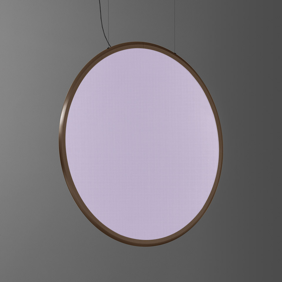 Artemide Discovery Vertical pendant lamp: large circular LED disc with soft violet light and bronze frame, suspended by thin cables