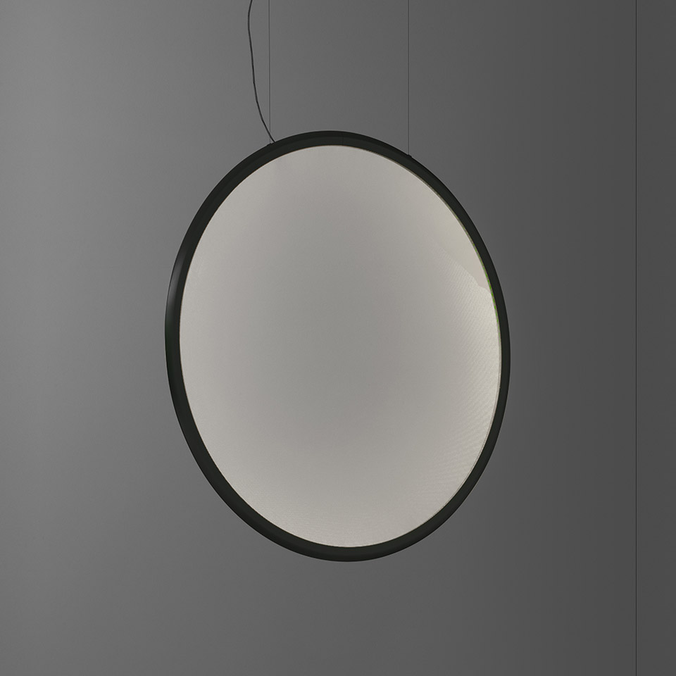 Artemide Discovery pendant lamp: large circular disc with dark frame and opal white diffuser, suspended by thin black cable