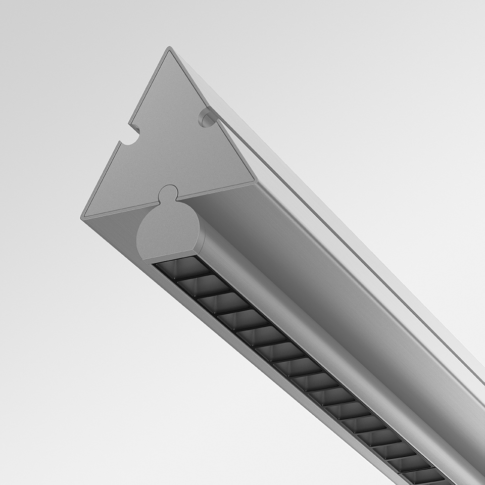 Artemide Dreispitz linear LED fixture: triangular aluminum profile with louvered diffuser, shown in angled perspective view