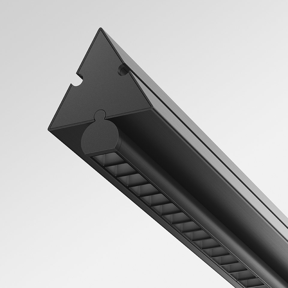 Artemide Dreispitz black aluminum linear track lighting profile, triangular cross-section with ribbed diffuser and mounting slot
