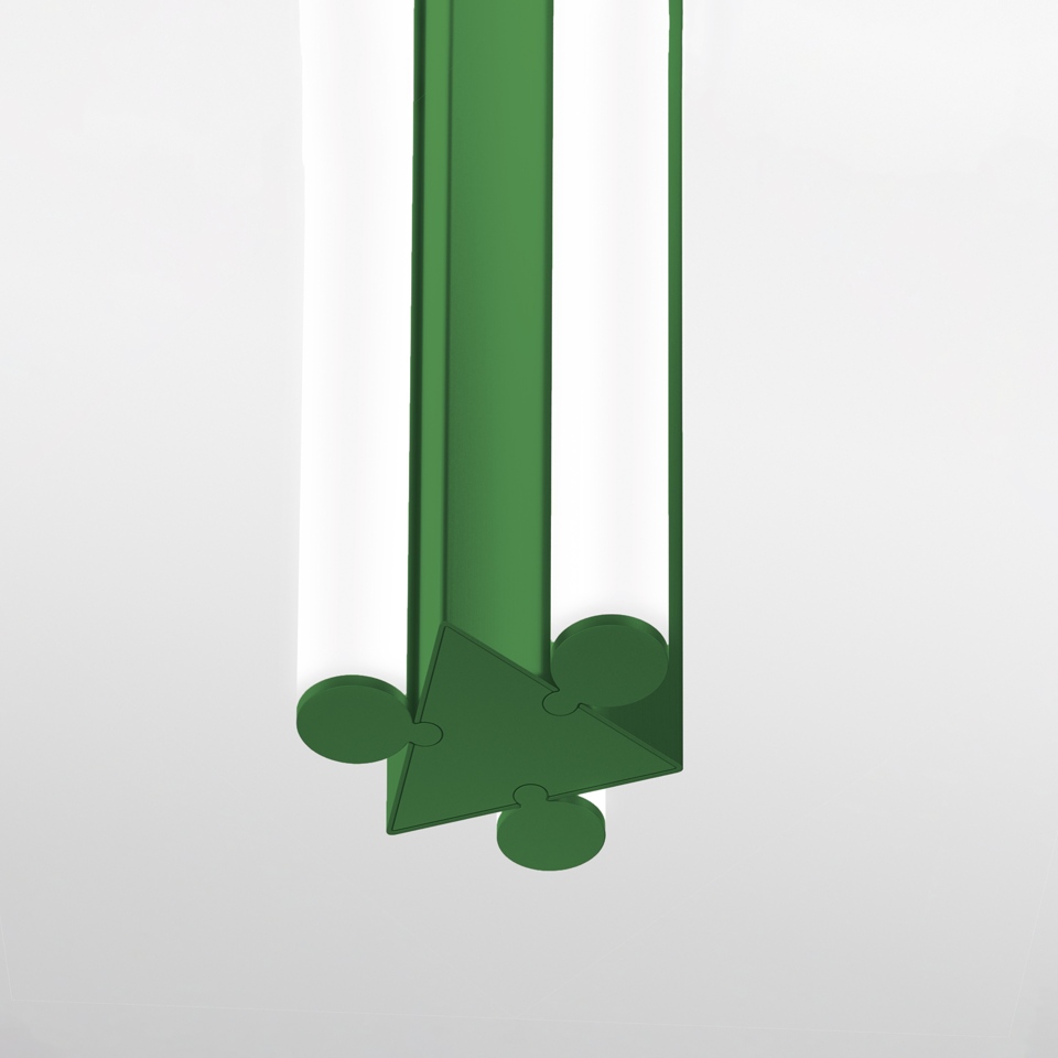 Dreispitz pendant lamp by Artemide: green triangular profile with puzzle-shaped connectors and integrated white diffuser tube
