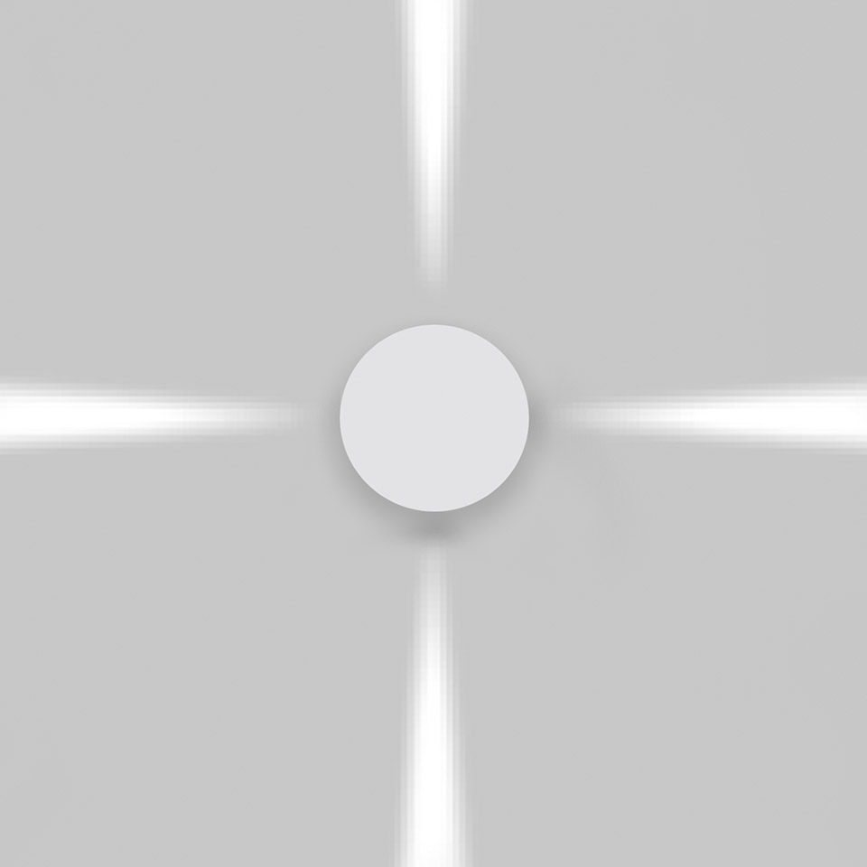 Artemide Effetto wall lamp emitting four directional light beams upward, downward, and sideways from a central white circular body