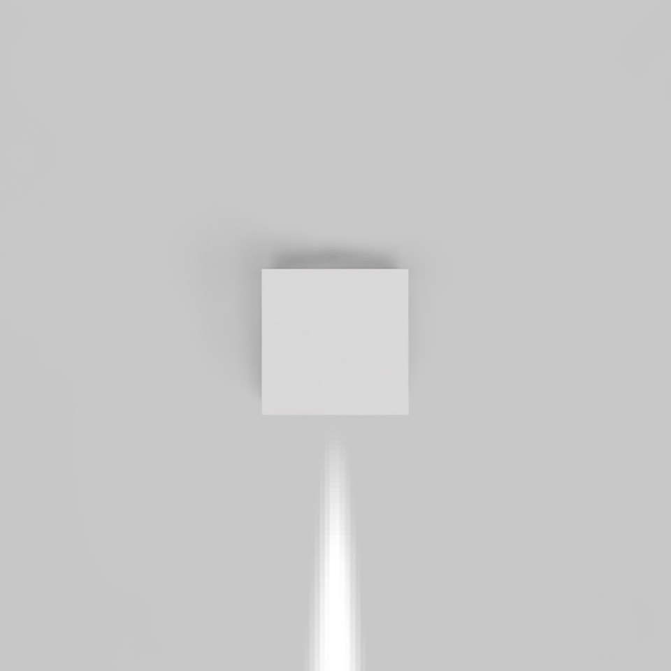 Artemide Effetto wall light, white square body mounted on wall, emitting a narrow downward beam of light