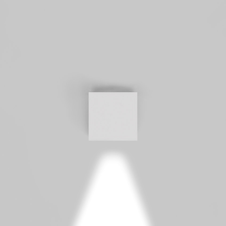 Artemide Effetto wall light, white square body mounted on wall, emitting a focused downward beam of light