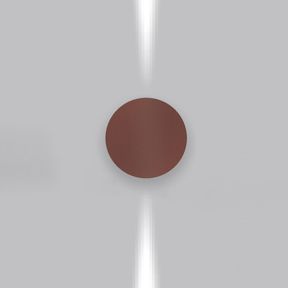 Artemide Effetto wall lamp with dark red circular disc emitting two vertical beams of white light upward and downward