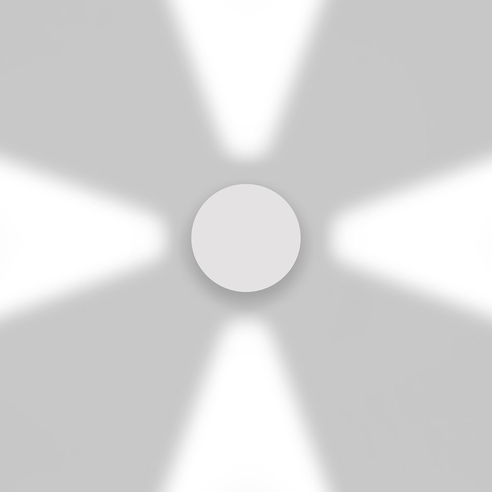 Artemide Effetto wall light: circular white fixture emitting four directional beams of light upward, downward, and sideways